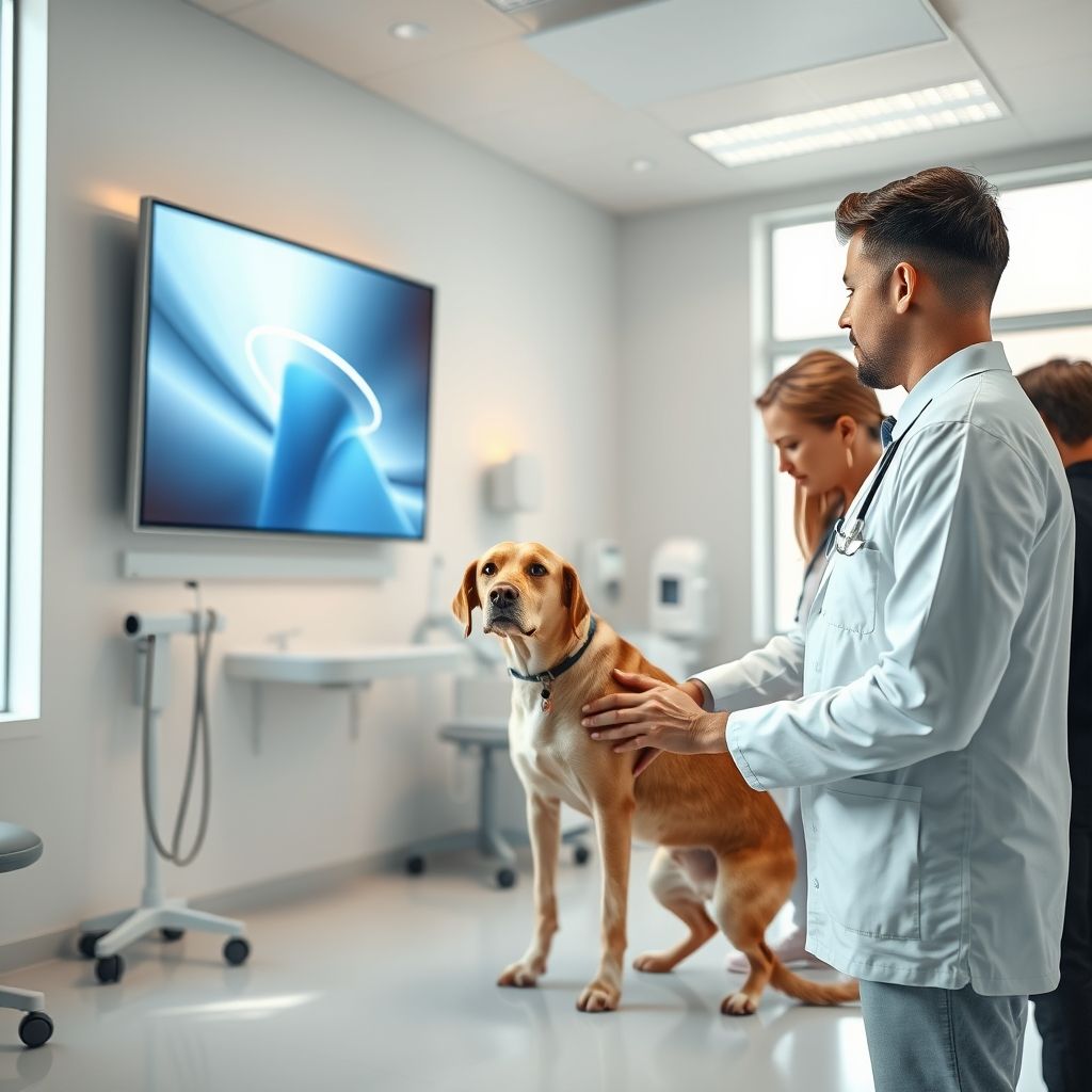 Veterinário examinando cachorro saudável em clínica.