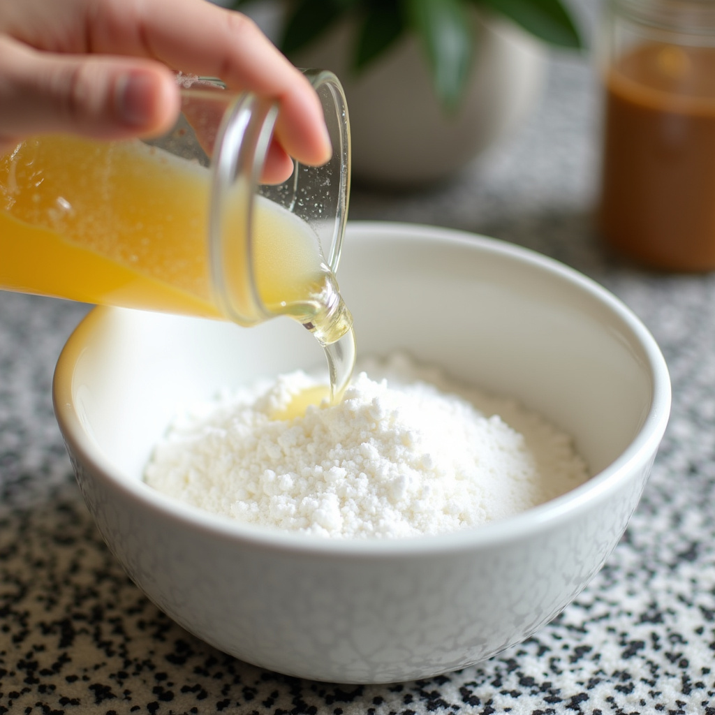 Vinegar and baking soda being mixed in a bowl, ready to clean a rug, natural cleaning products, 8K, Vinagre e bicarbonato de sódio sendo misturados para limpar tapete.