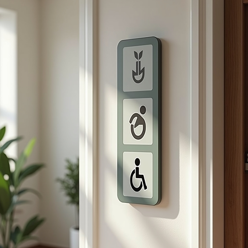 Visual signage, clear symbols, accessible home, inclusive design, lifestyle photography, 8K Sinalização visual clara para fácil orientação.