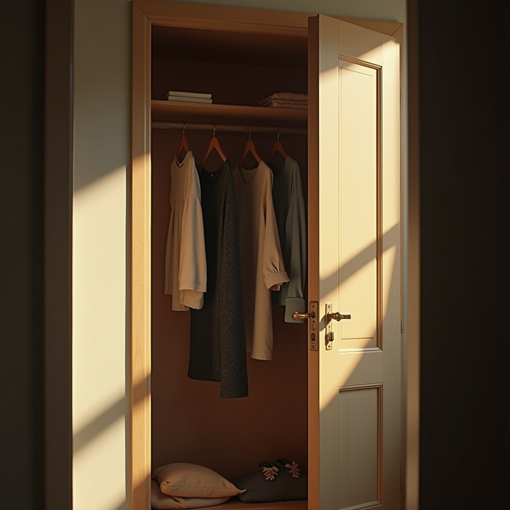 Wardrobe door open, sunlight shining on clothes, chalk bag hanging inside. Natural light, lifestyle Giz escolar em saquinho dentro do guarda-roupa absorvendo umidade.
