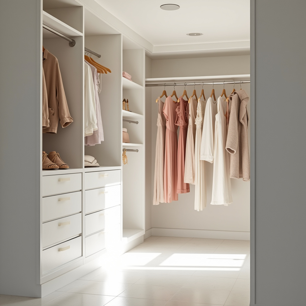 Well-lit closet with white walls, enhancing dress colors. 8k, professional photography, bright and Closet bem iluminado com paredes brancas.
