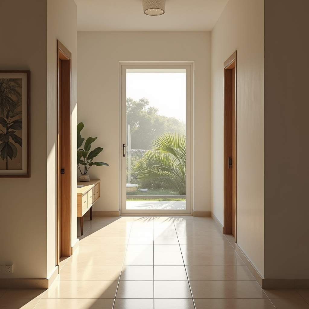 Well-lit hallway, natural light, bright interior, modern Brazilian home, lifestyle photography, 8K Corredor bem iluminado para segurança e conforto.