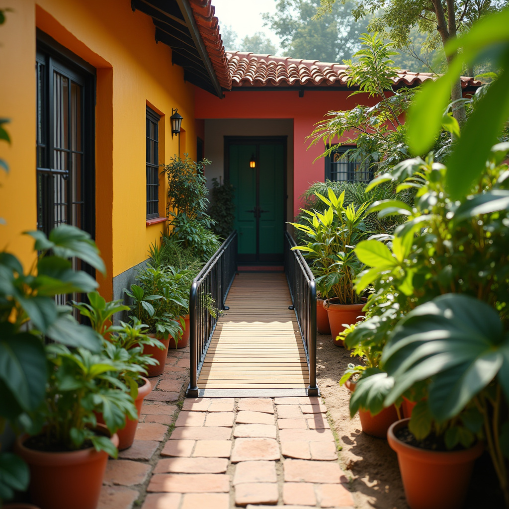 Wheelchair ramp access to a colorful Brazilian home, vibrant plants, natural light, lifestyle Rampa de acesso para cadeirante em casa brasileira colorida.