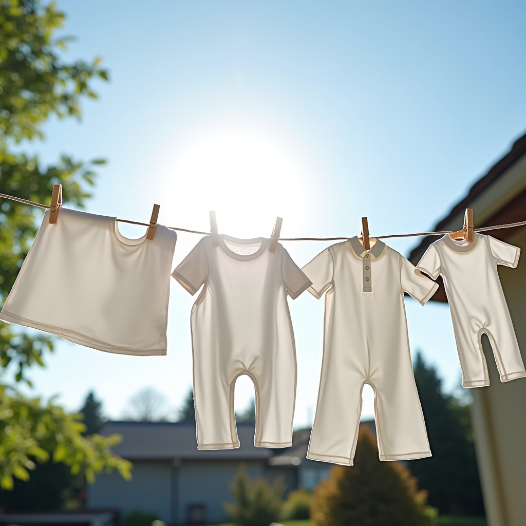 White clothes drying on clothesline, bright sun, blue sky, backyard setting, natural lighting, Roupas brancas secando ao sol para clarear.