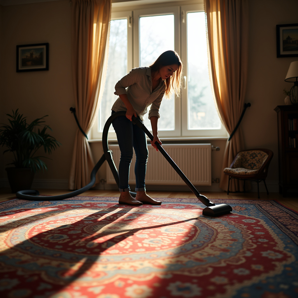 Woman carefully vacuuming a Persian rug, sunlight streaming through window, detailed rug pattern, Mulher aspirando tapete persa com cuidado e atenção.