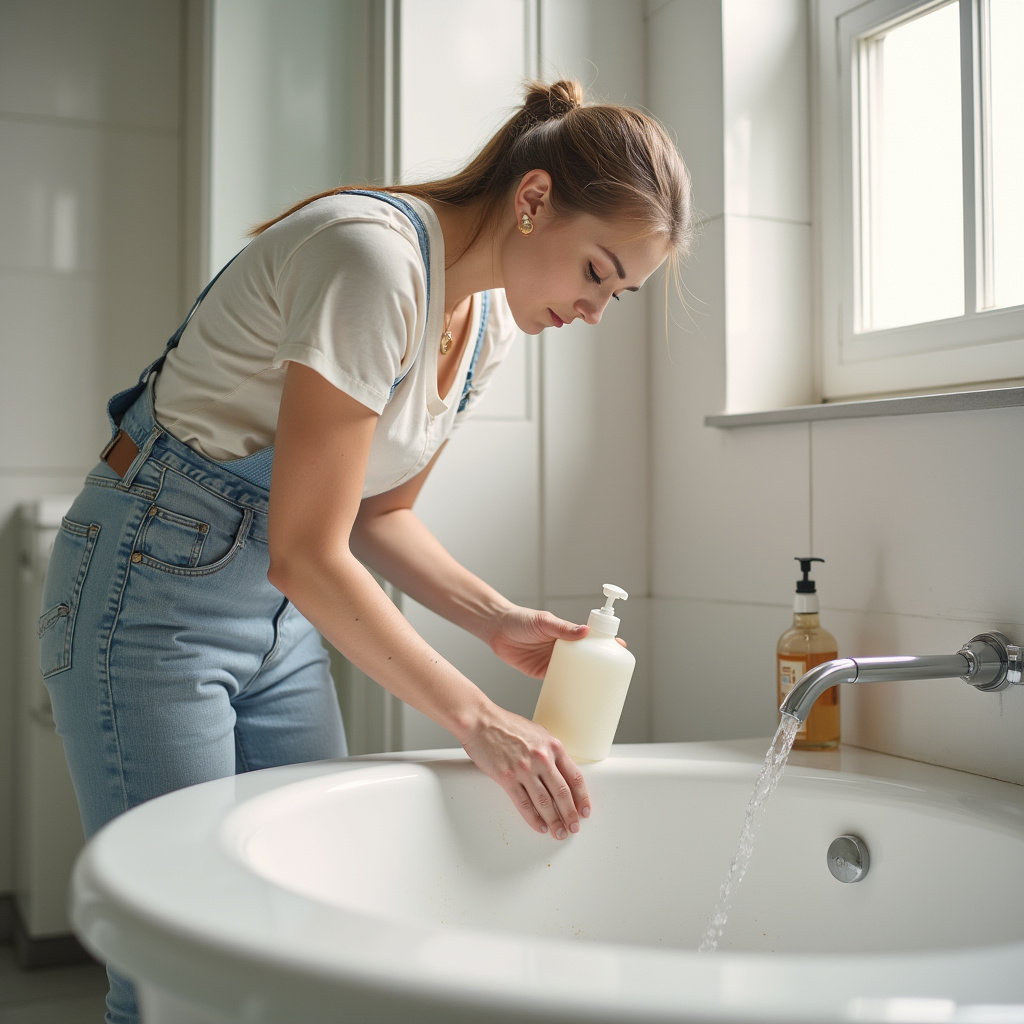 Woman checking clean tiles and grout after vinegar cleaning, bright bathroom, natural light, Resultado da limpeza com vinagre.