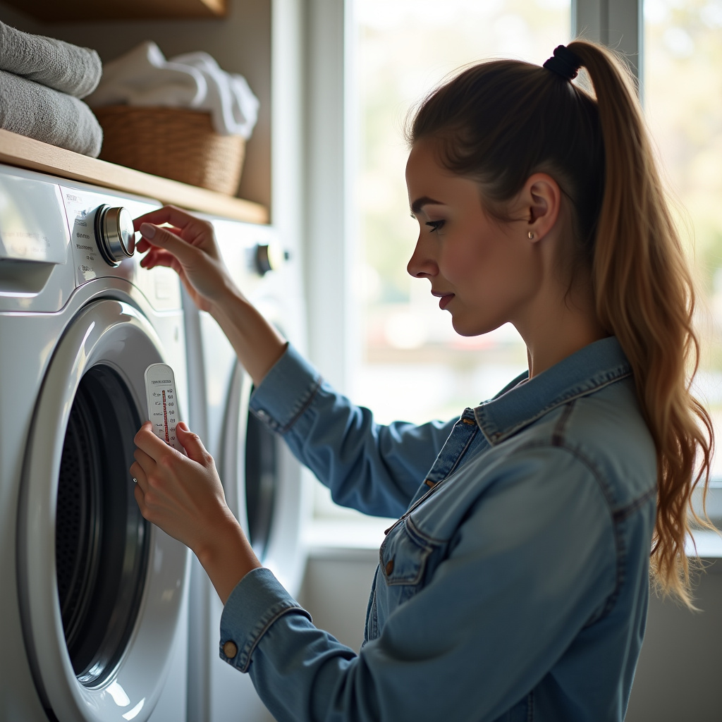 Woman checking clothing label for water temperature, washing machine, laundry room, natural light, Verificando a temperatura ideal na etiqueta da roupa.