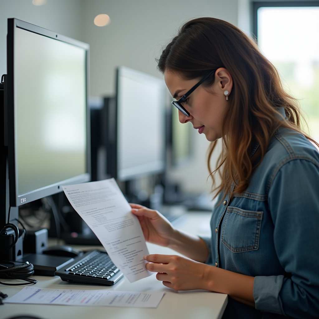 Woman checking printer model number, bright office, natural light, commercial photography, 8K Mulher verificando modelo do toner.
