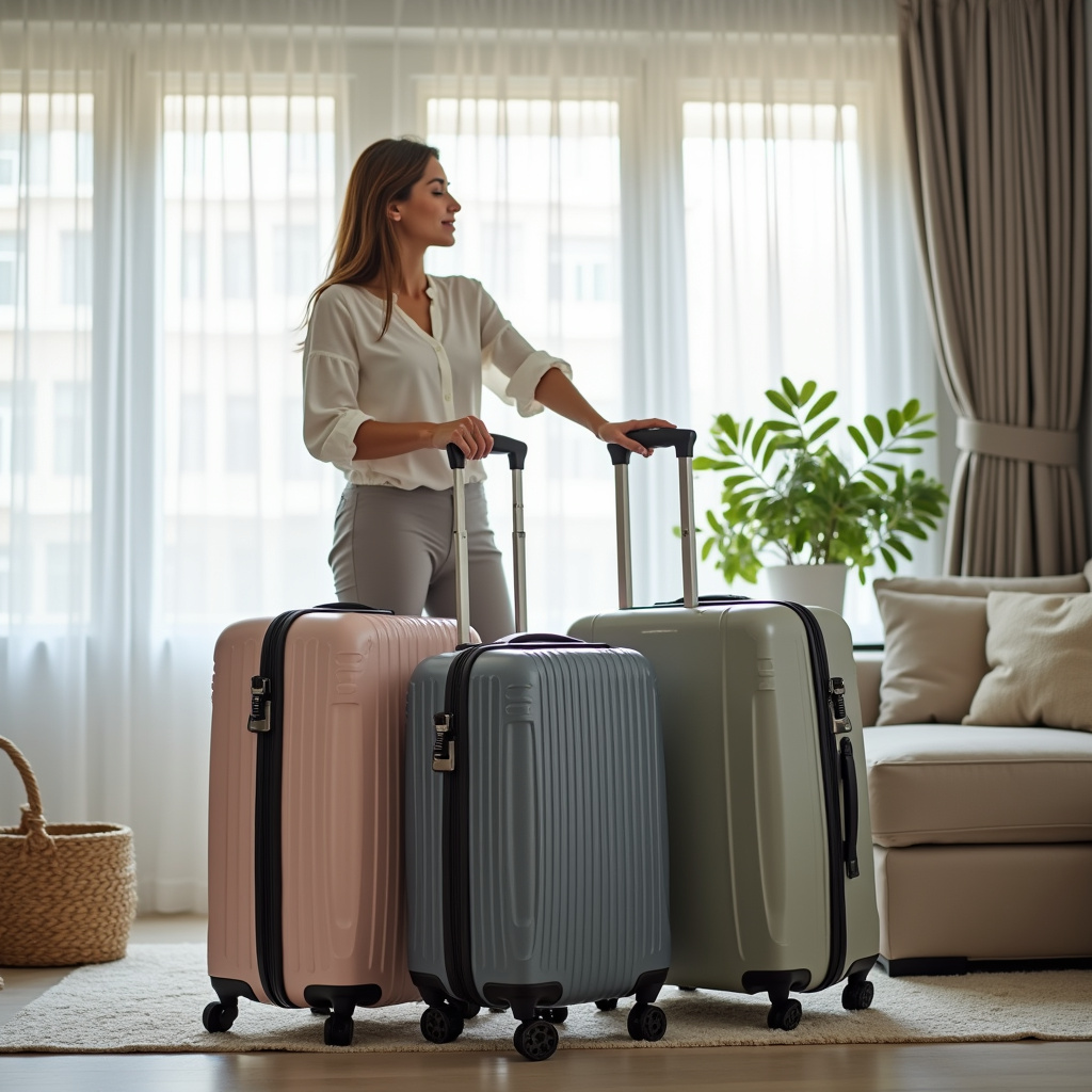 Woman choosing travel suitcase, different sizes, bright room, natural light, 8K quality, sharp Escolhendo a mala ideal para viagem.