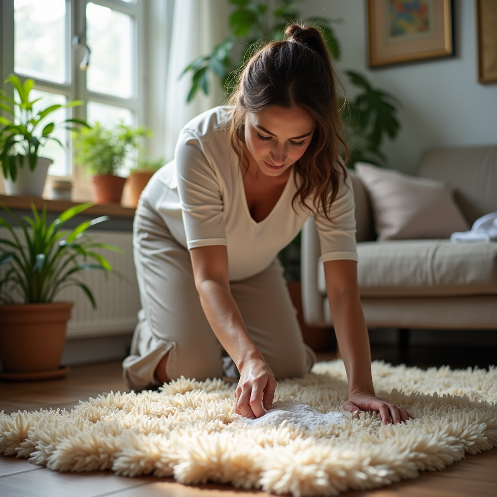 Woman cleaning a rug with baking soda, natural light, cozy living room, Brazilian style, plants, Mulher limpando tapete com bicarbonato de sódio em sala aconchegante.