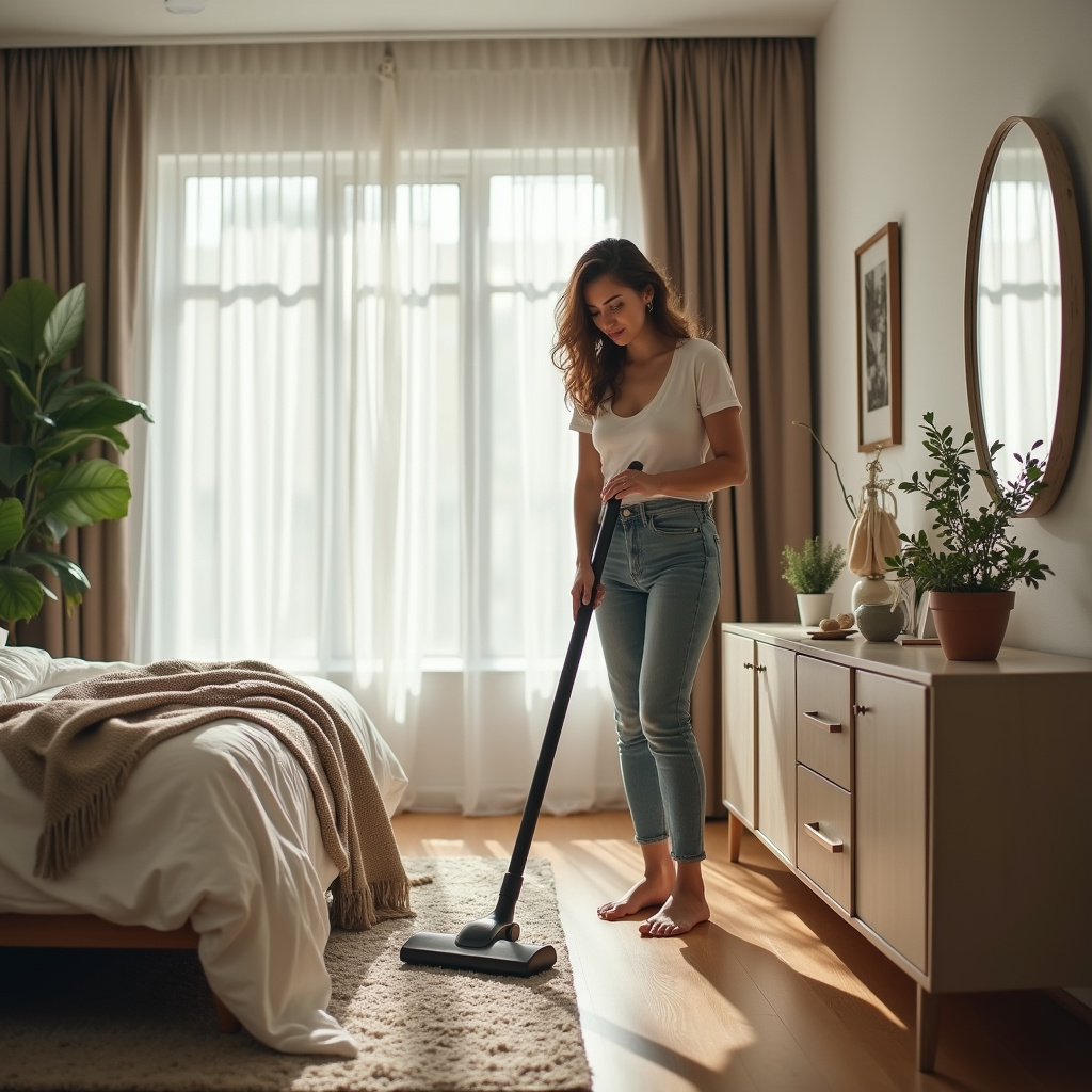 Woman cleaning bedroom, vacuuming floor, dusting furniture. Natural light, 8k quality, professional Mulher limpando o quarto.