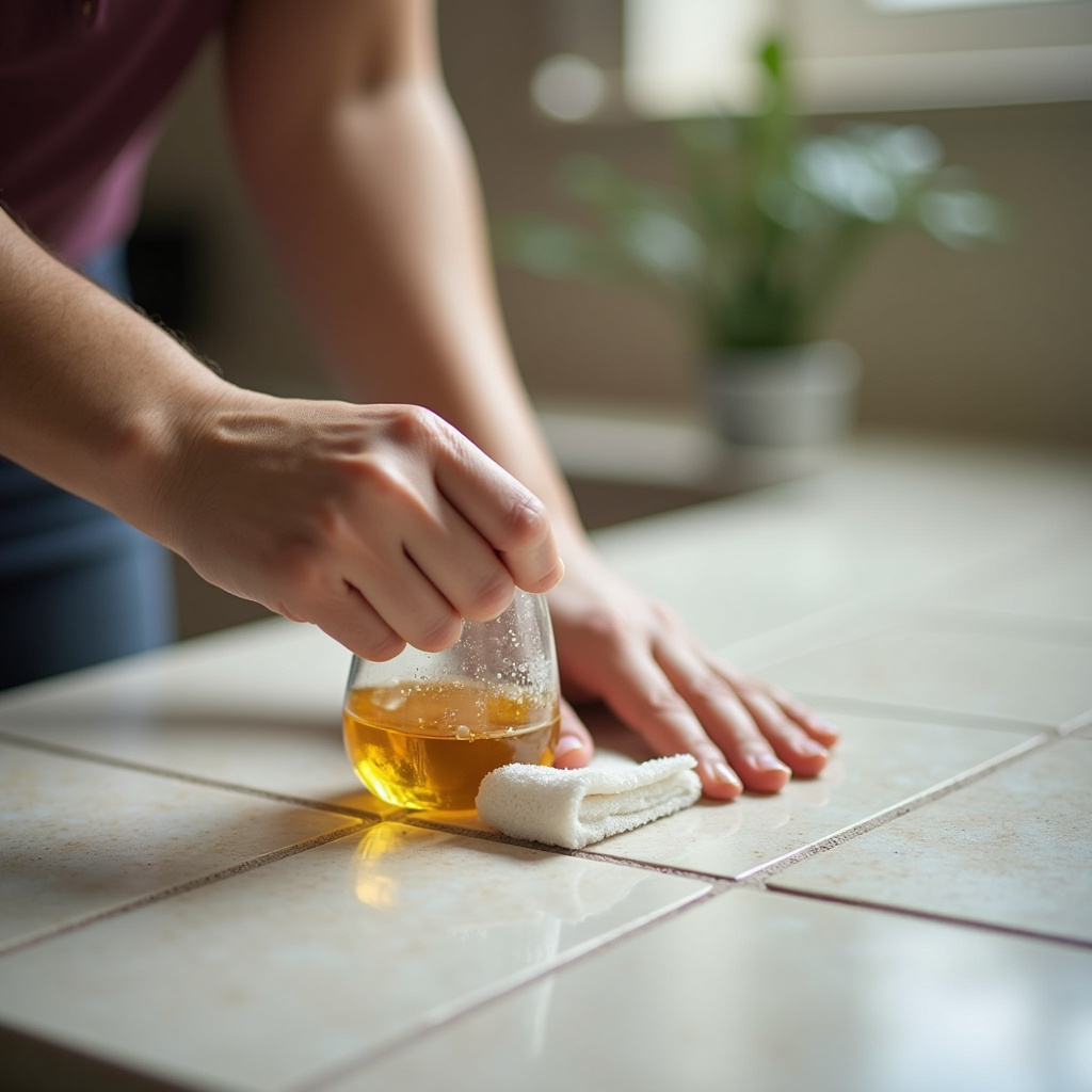 Woman cleaning encrusted tile grout with vinegar solution, close-up, natural light, professional Limpeza de rejuntes encardidos com vinagre.