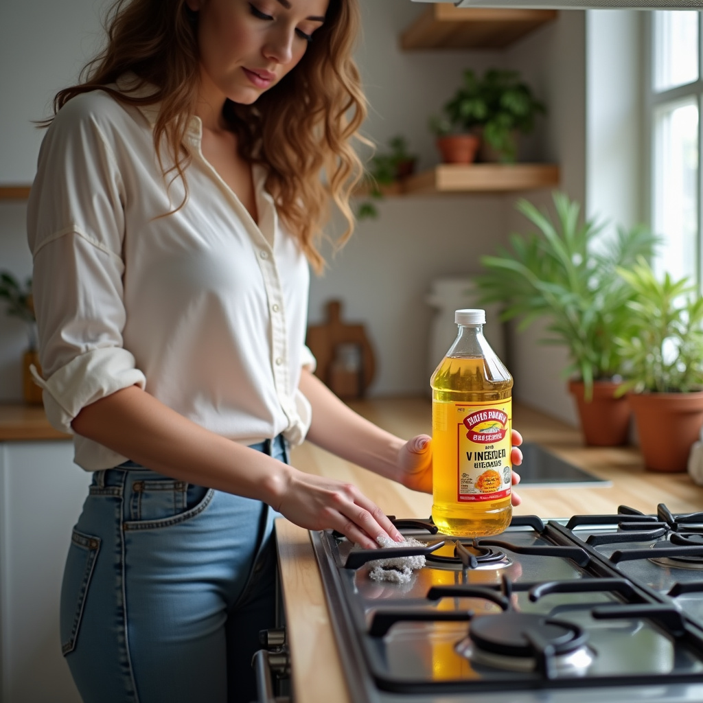 Woman cleaning stove top with vinegar, kitchen setting, natural light, professional photography, 8K Desengordurando fogão com vinagre.