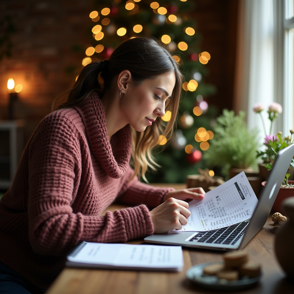 Woman defining a budget for Christmas gifts, using a spreadsheet on her laptop, Farm Rio style, Mulher definindo orçamento para presentes de Natal.