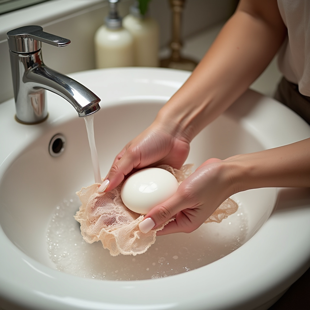 Woman handwashing delicate lingerie in sink, gentle soap, lace details, soft light, bathroom Lavagem à mão de lingerie delicada.