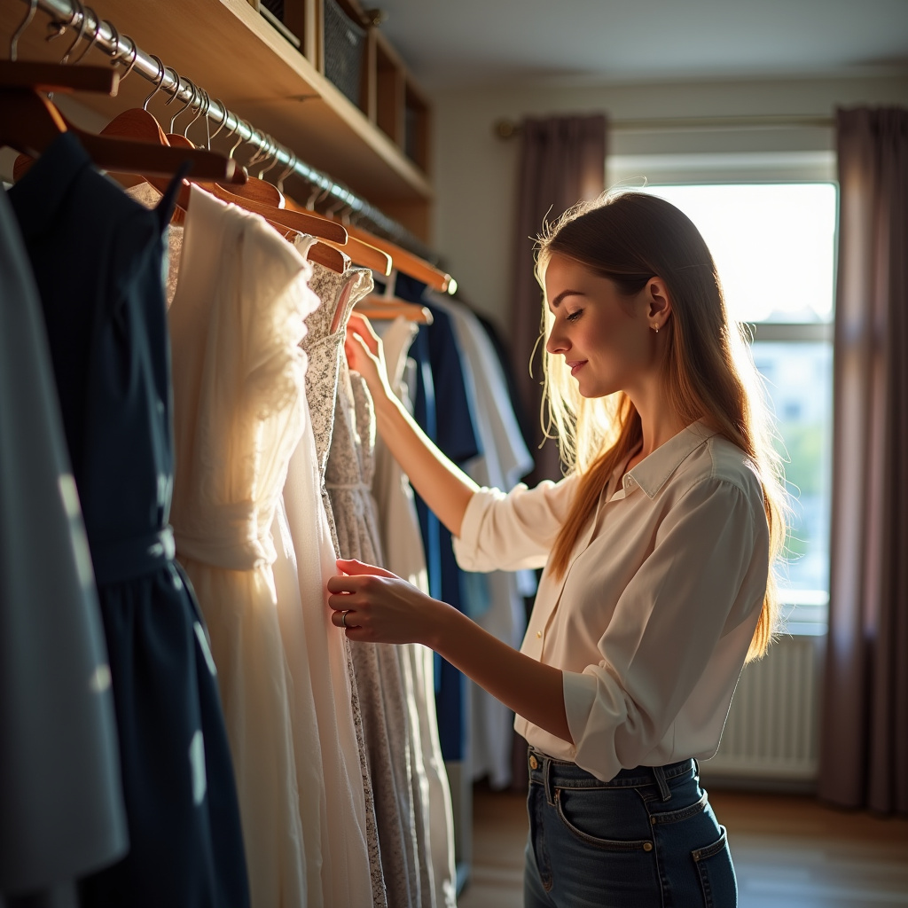 Woman in her 30s sorting dresses in a walk-in closet, donating unwanted items. Natural light, Mulher separando vestidos para doação em closet iluminado.