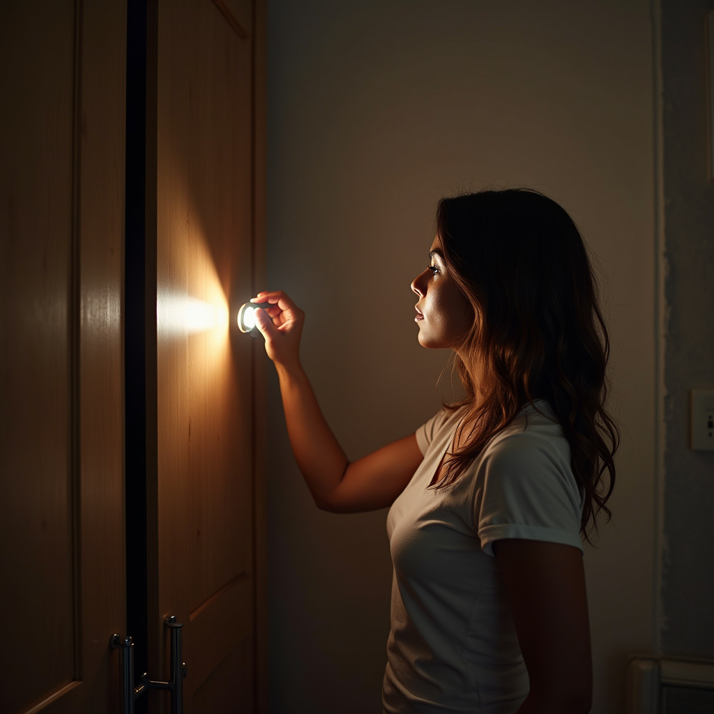 Woman inspecting wardrobe corner for mold, flashlight in hand. Natural light, Brazilian home, 8K, Inspecionando cantos do guarda-roupa em busca de mofo.