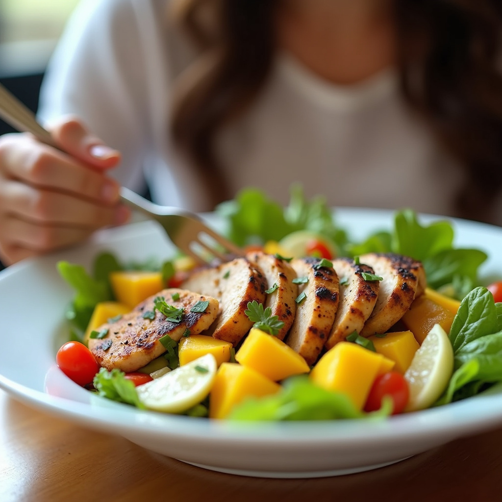 Woman on diet enjoying grilled chicken mango salad. Natural light, vibrant colors, 8k quality, Salada de frango com manga para dieta.