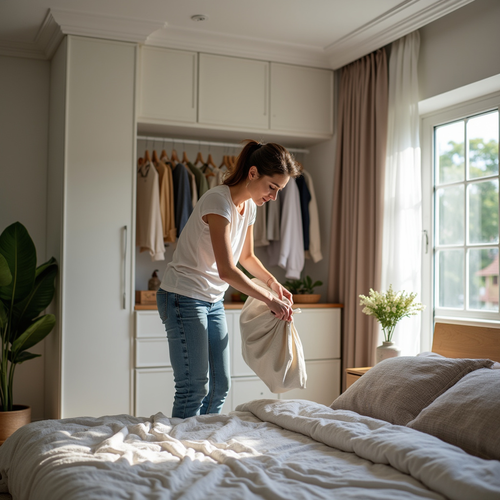 Woman organizing bedroom, putting clothes away, making bed. Natural light, 8k quality, professional Mulher organizando o quarto.