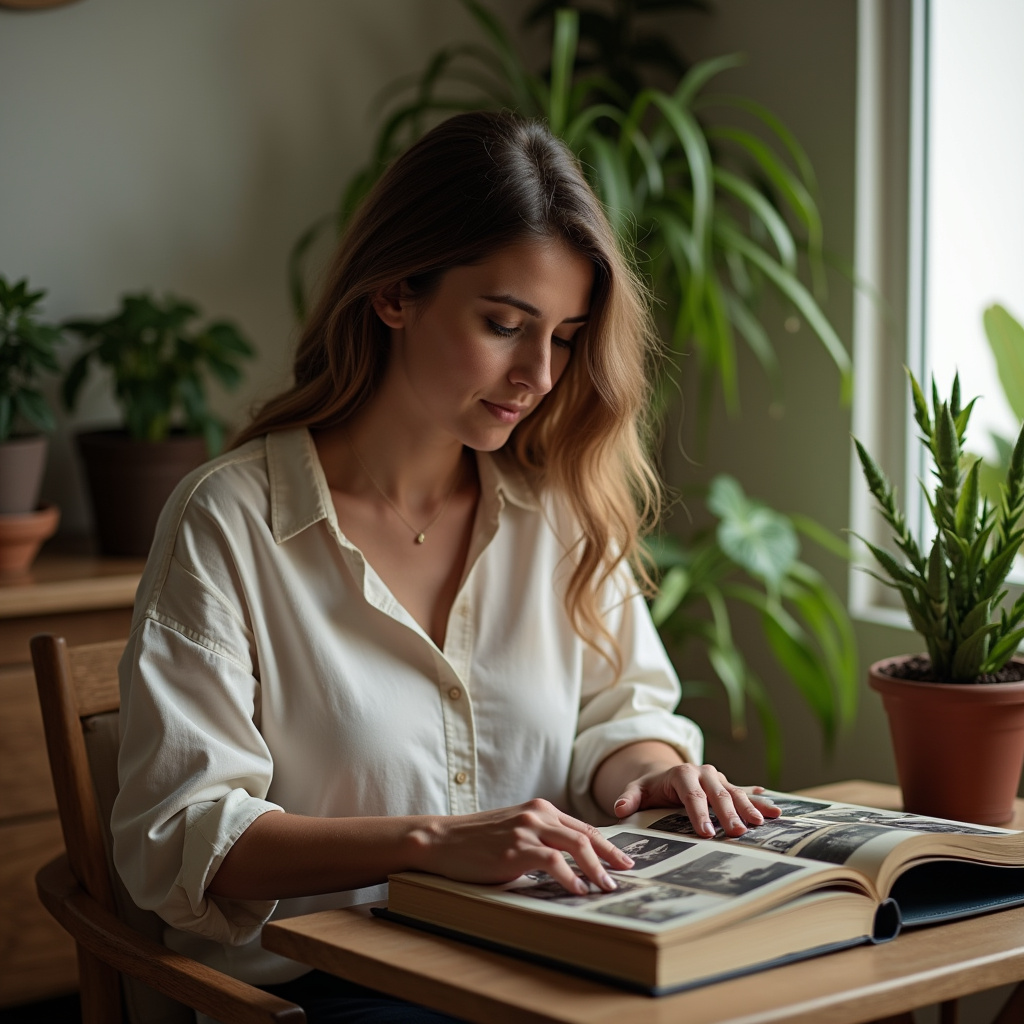 Woman organizing old photos into a vintage album, natural light, cozy Brazilian home, plants, 8K Mulher organiza fotos antigas em álbum vintage.