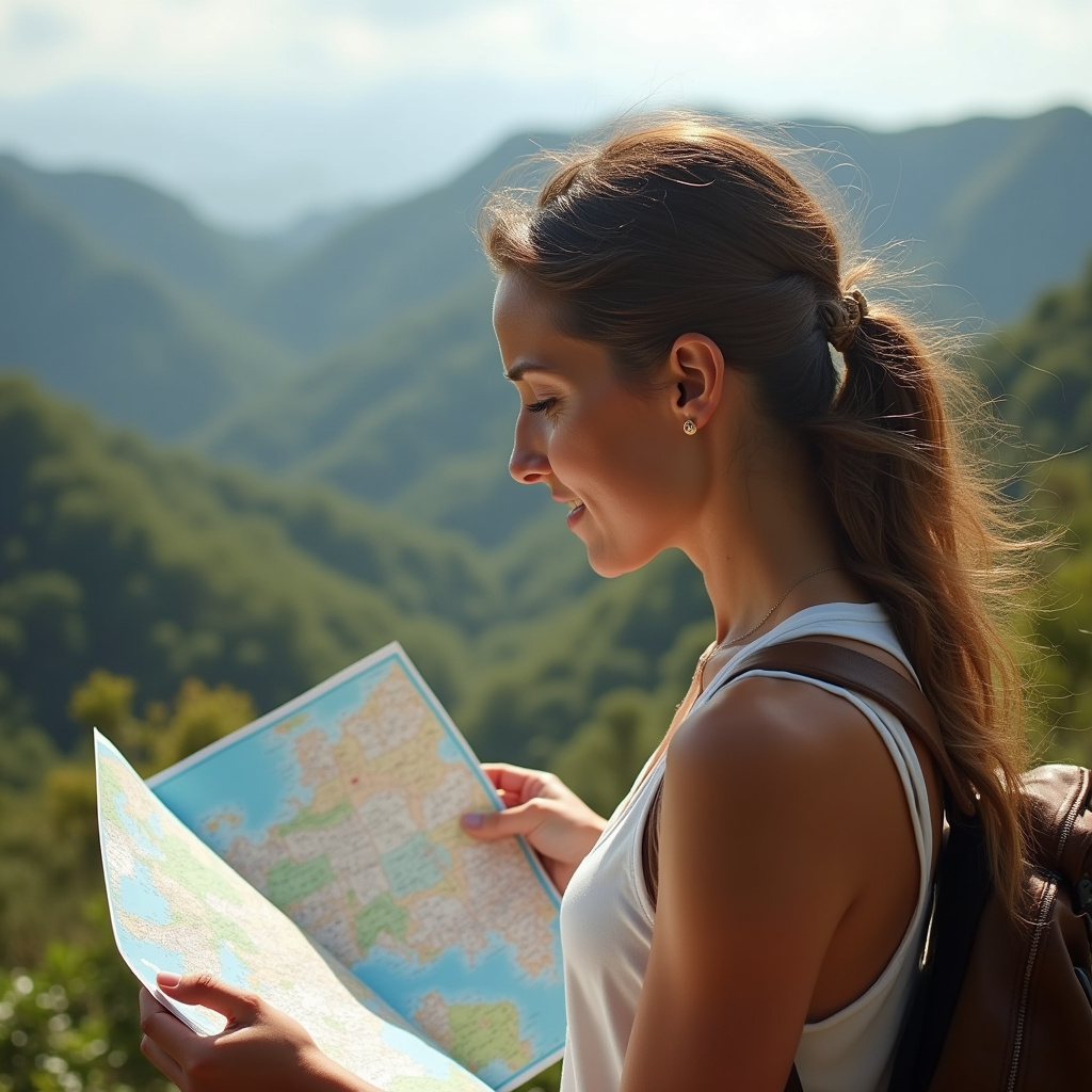 Woman planning end-of-year travel, looking at a map and travel guides, Brazilian landscape in Mulher planejando viagens de final de ano.