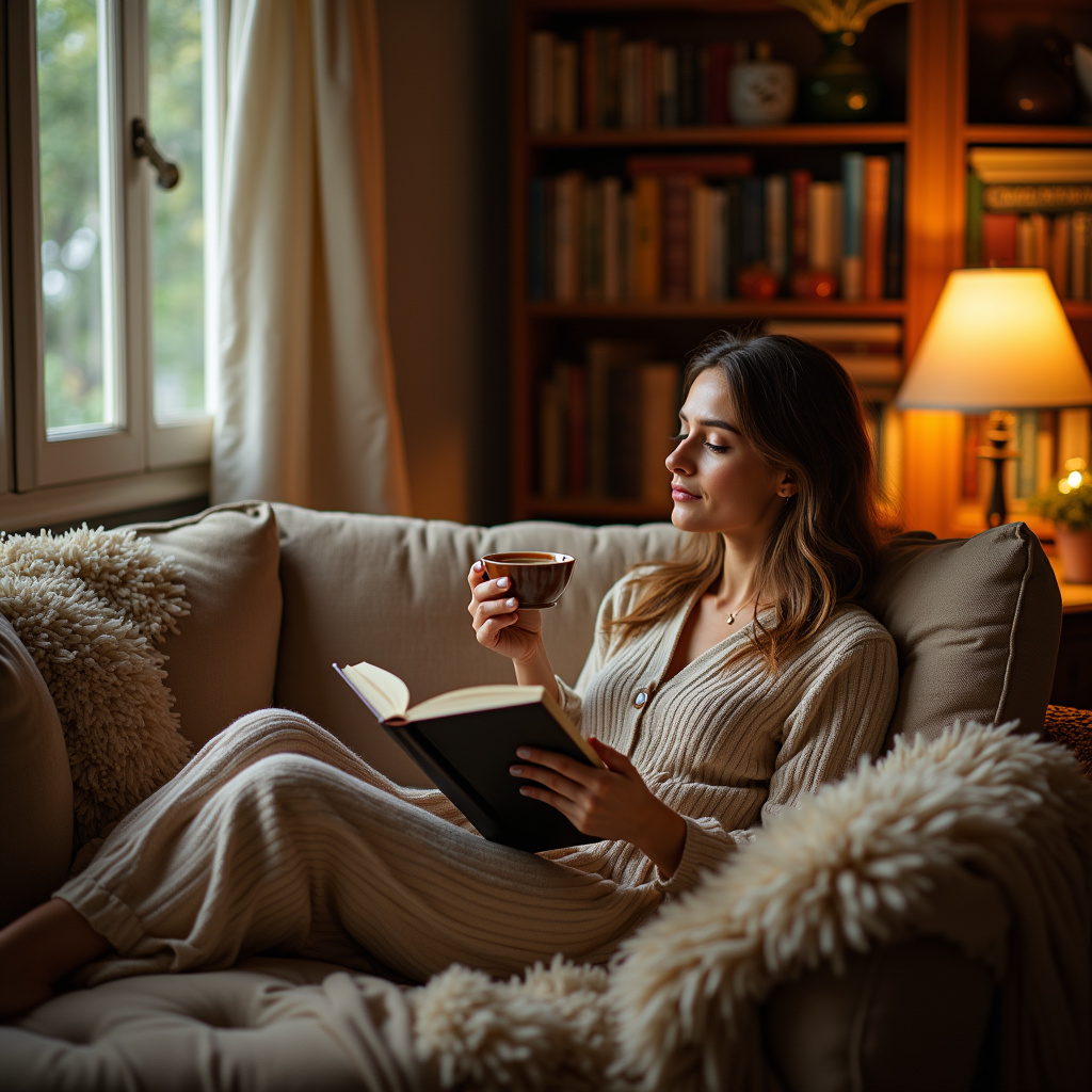 Woman relaxing with a book and a cup of tea, cozy atmosphere, Brazilian design elements, 8K, Mulher relaxando com livro e chá.