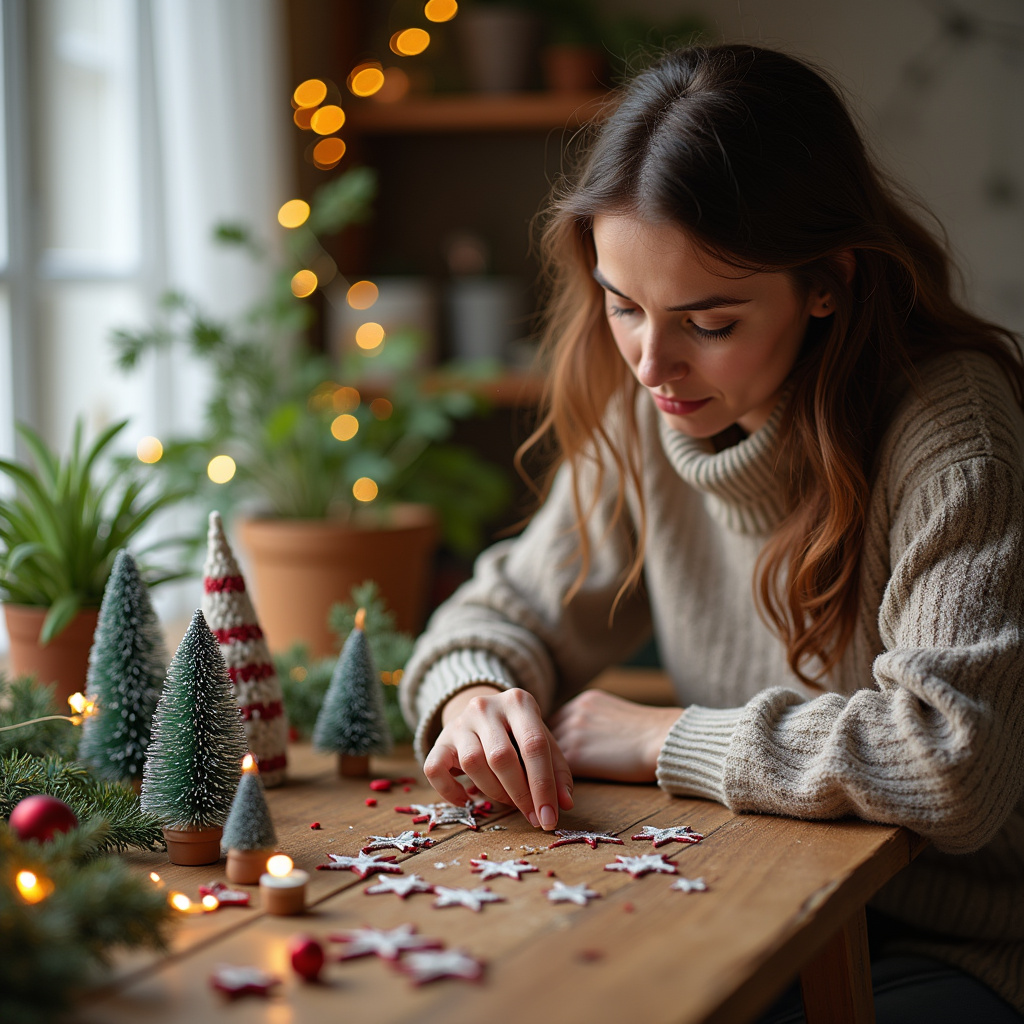 Woman simplifying Christmas decorations with recycled materials, creative and eco-friendly, 8K, Mulher simplificando decoração de Natal com materiais reciclados.