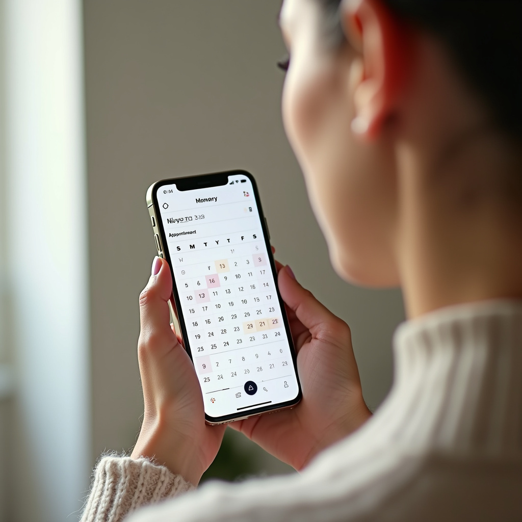 Woman using a calendar app on her phone to organize appointments, bright and cheerful, 8K quality, Mulher usando aplicativo de calendário para organizar compromissos.