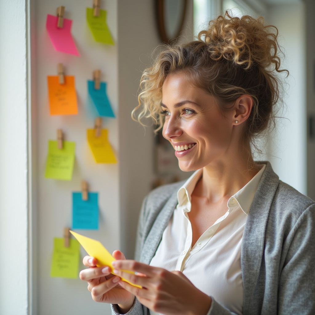 Woman using colorful post-it notes to remember appointments, cheerful and organized, 8K quality, Mulher usando post-its coloridos para lembrar compromissos.
