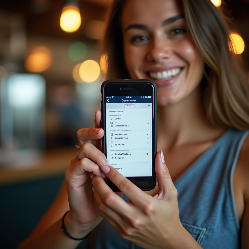 Woman using document organization app on smartphone, bright screen, Brazilian cafe, 8K, commercial Organizando documentos no celular.