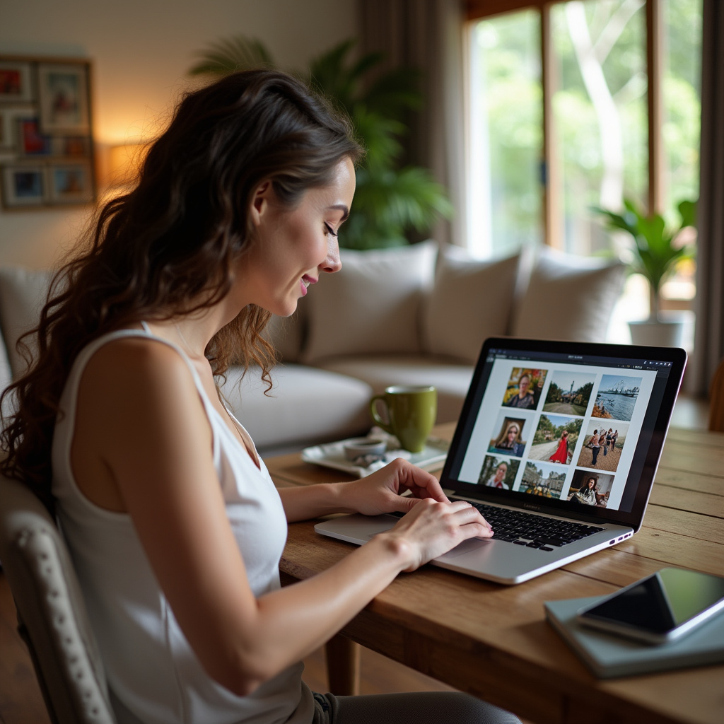 Woman using photo organizing software on laptop, cozy living room, Brazilian decor, 8K, lifestyle Mulher organiza fotos digitais no laptop.
