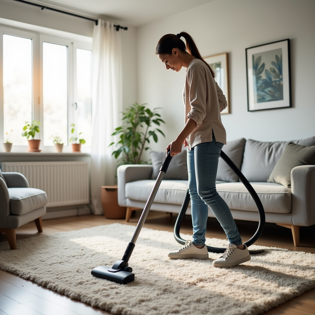 Woman vacuuming a rug in a living room, showing the frequency of cleaning, bright, clean, 8K, 1:1 Mulher aspirando tapete na sala de estar para limpeza frequente.