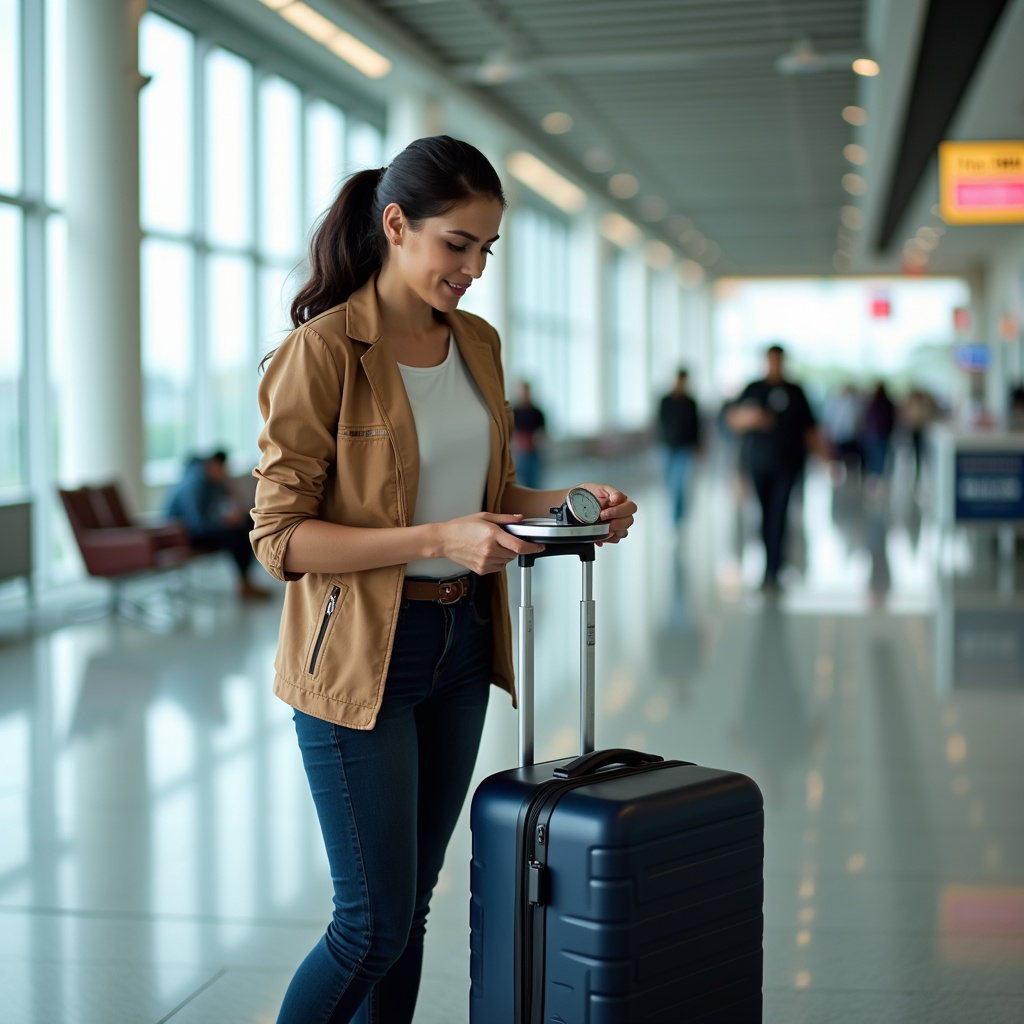 Woman weighing suitcase with scale, airport in background, natural light, 8K quality, sharp focus, Verificando o peso da mala.