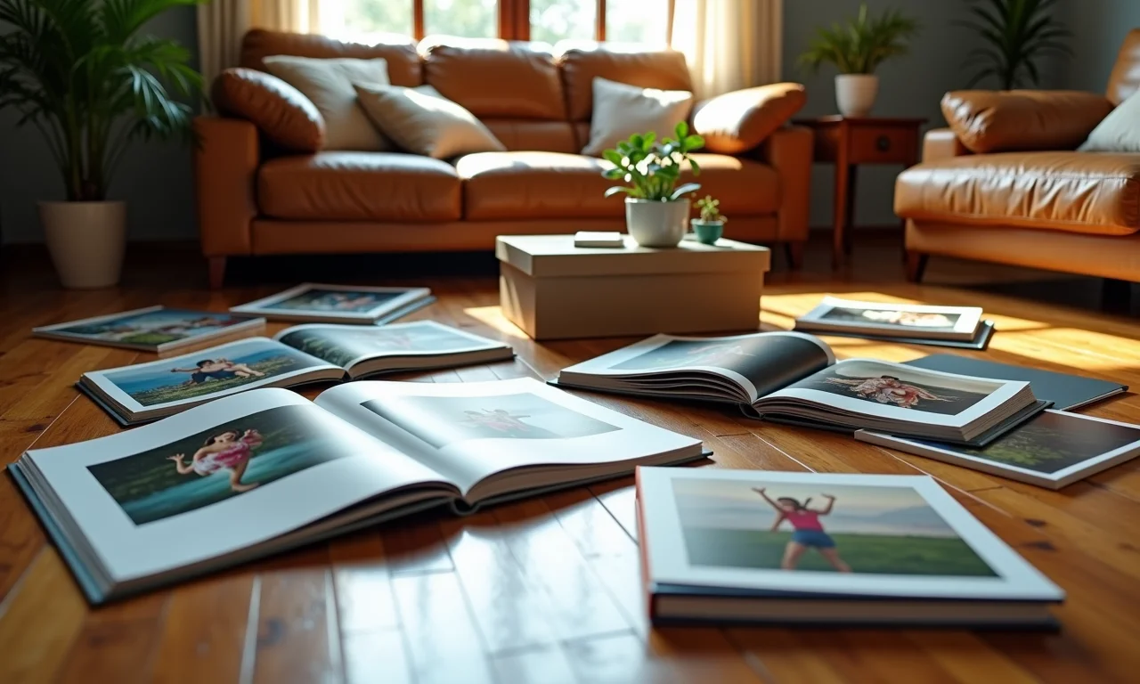 Acervo de álbuns de fotos e caixas espalhados no chão da sala.
