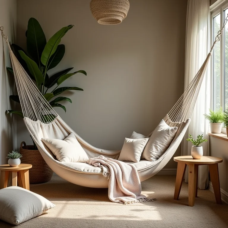 Acessórios decorativos valorizando uma rede de descanso.