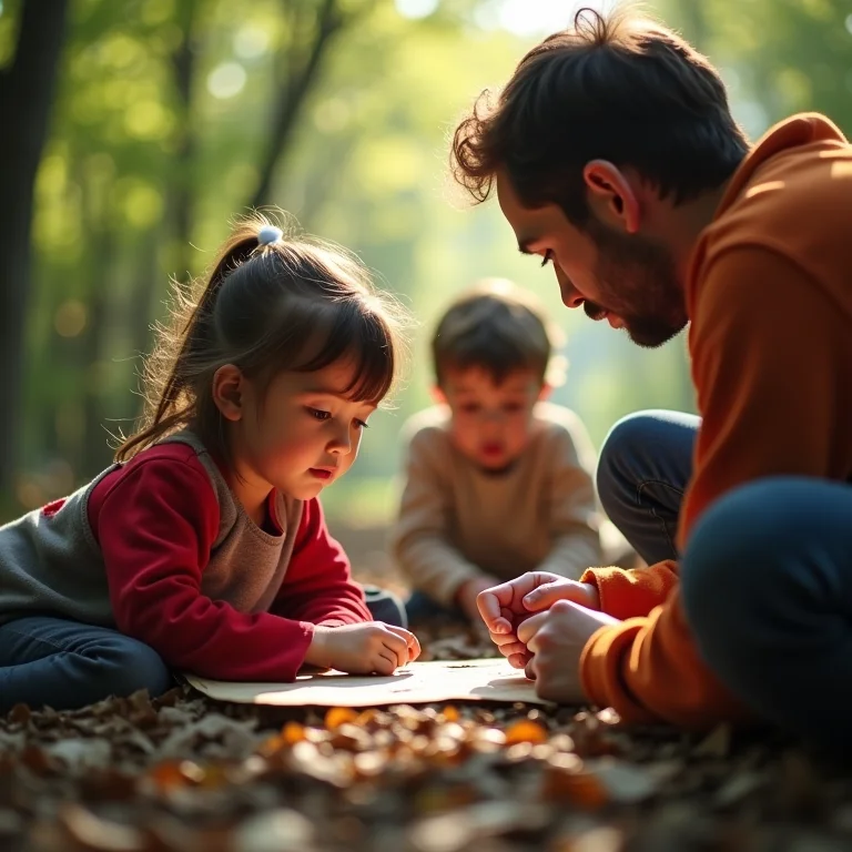Adulto testando uma pista de caça ao tesouro com crianças.