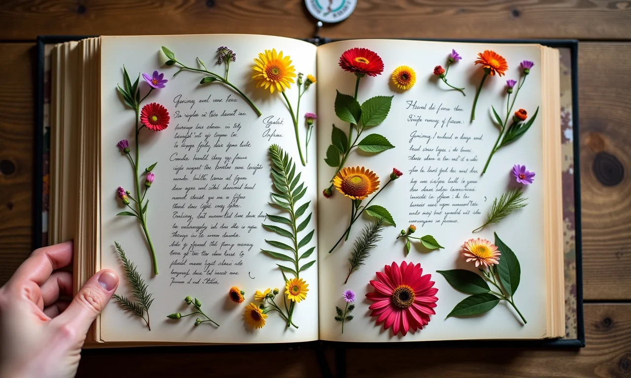 Álbuns de fotos decorados com adesivos, anotações e flores prensadas.