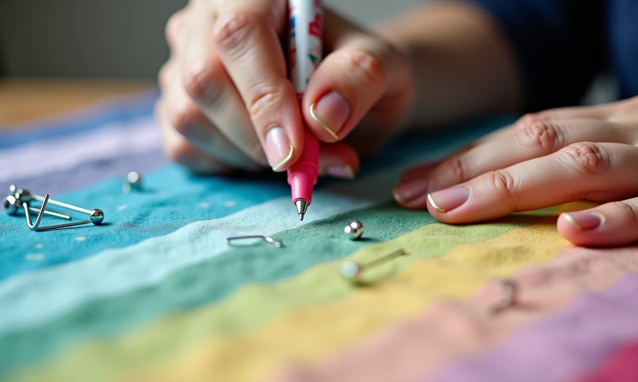 Alfinetes e marcador de tecido em tecido colorido.