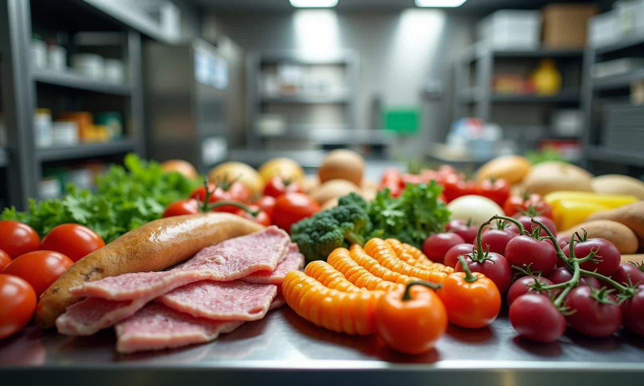 Alimentos organizados por validade em cozinha industrial