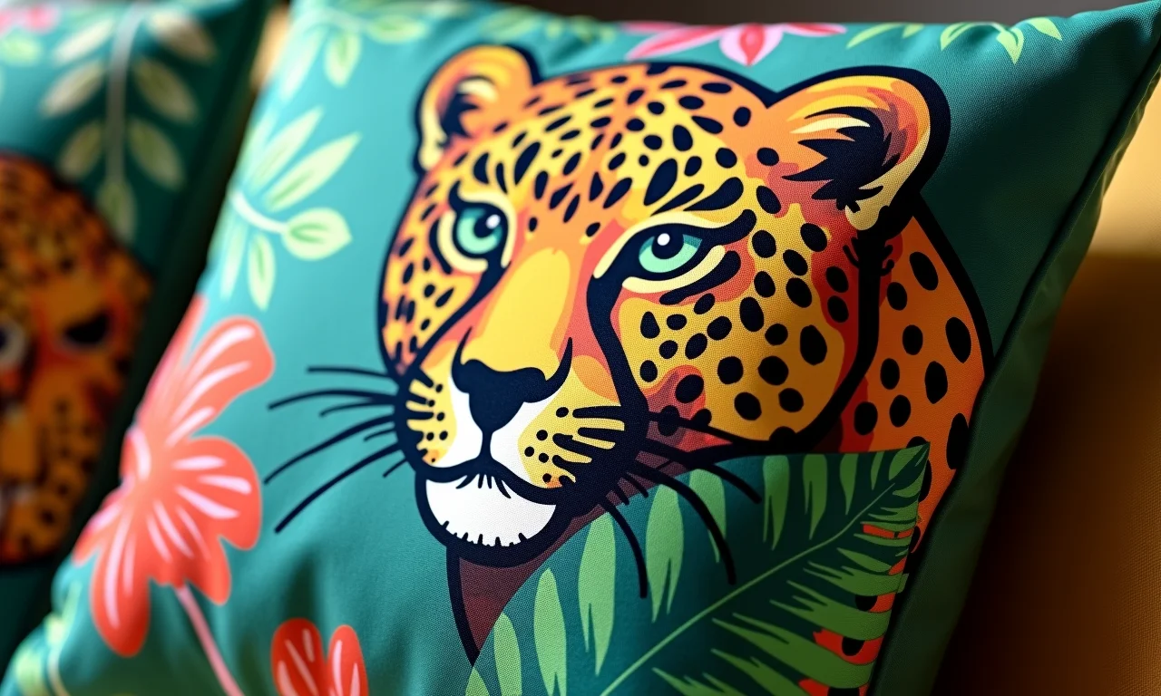 Almofada com estampa de leopardo em tecido natural e cores vibrantes.
