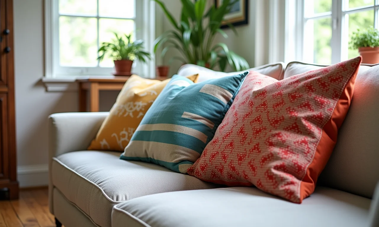 Almofadas coloridas e estampadas em sofá neutro, aconchego.