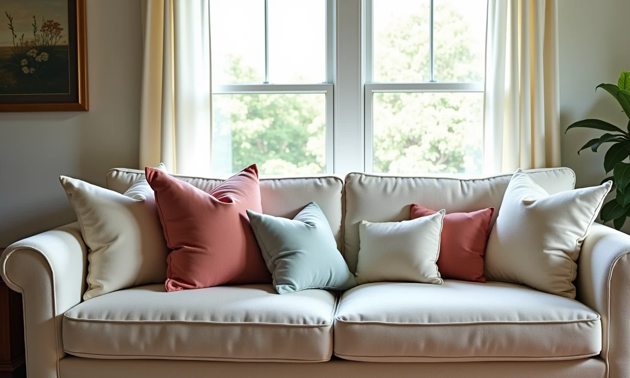 Almofadas de diferentes tamanhos em um sofá.