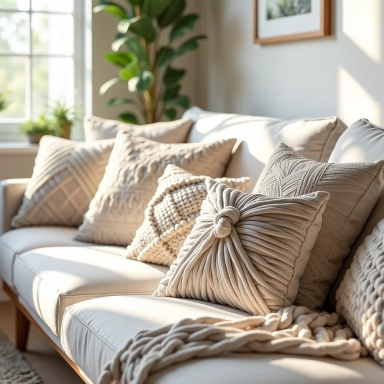 Almofadas de macramê em um sofá confortável.