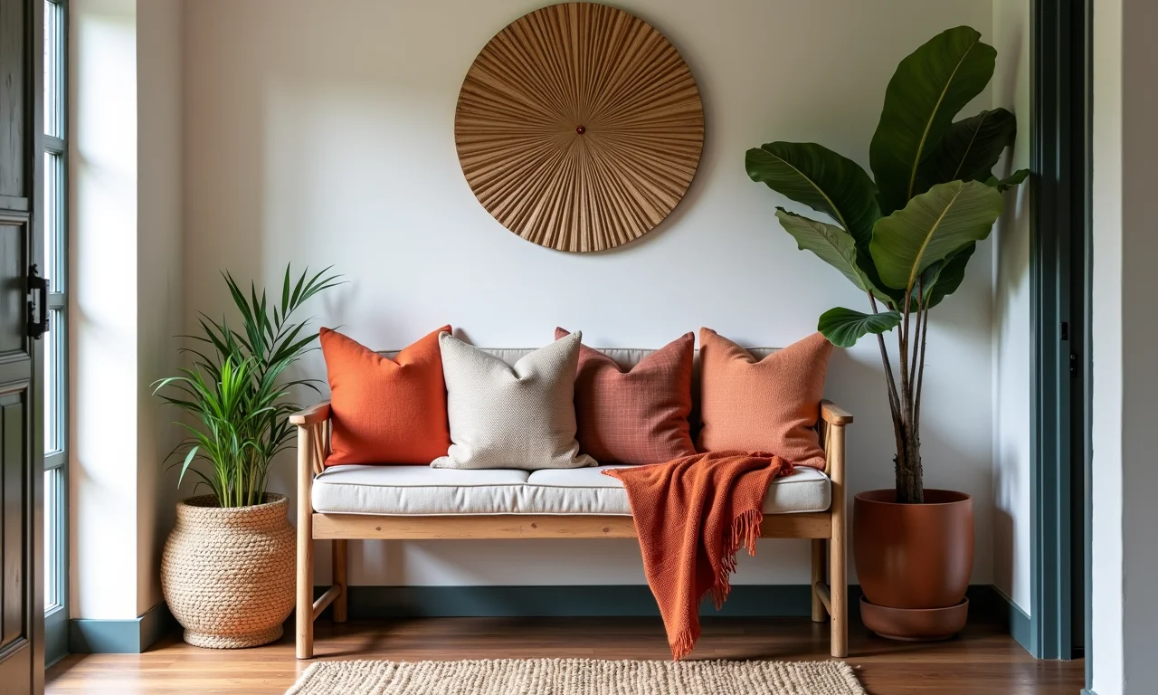 Almofadas e mantas coloridas na entrada da casa.