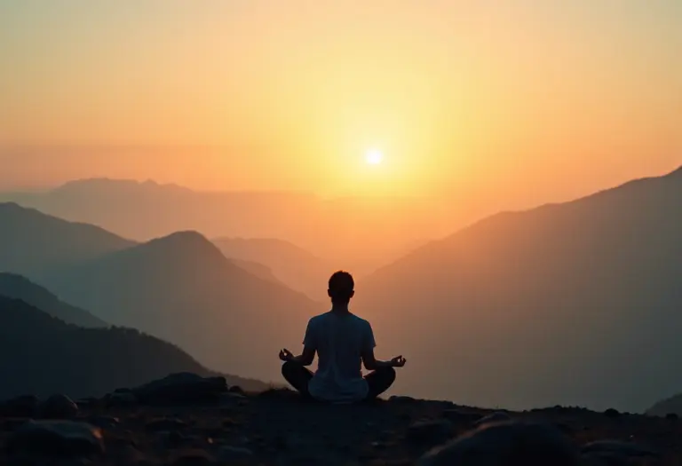 Amanhecer sereno nas montanhas com pessoa meditando para promover bem-estar