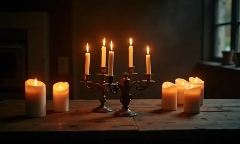 Ambiente sombrio com velas acesas e castiçais antigos.