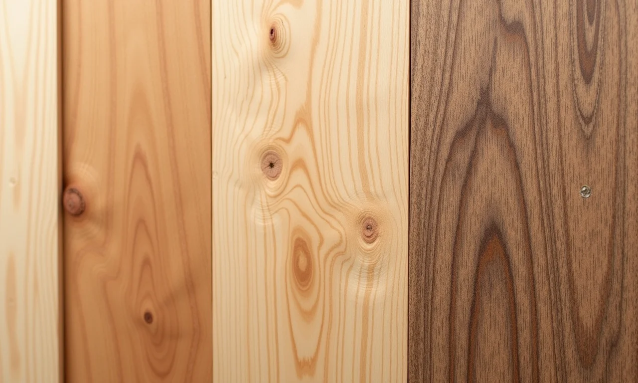 Amostras de diferentes tipos de madeira: pinho, cedro, carvalho.