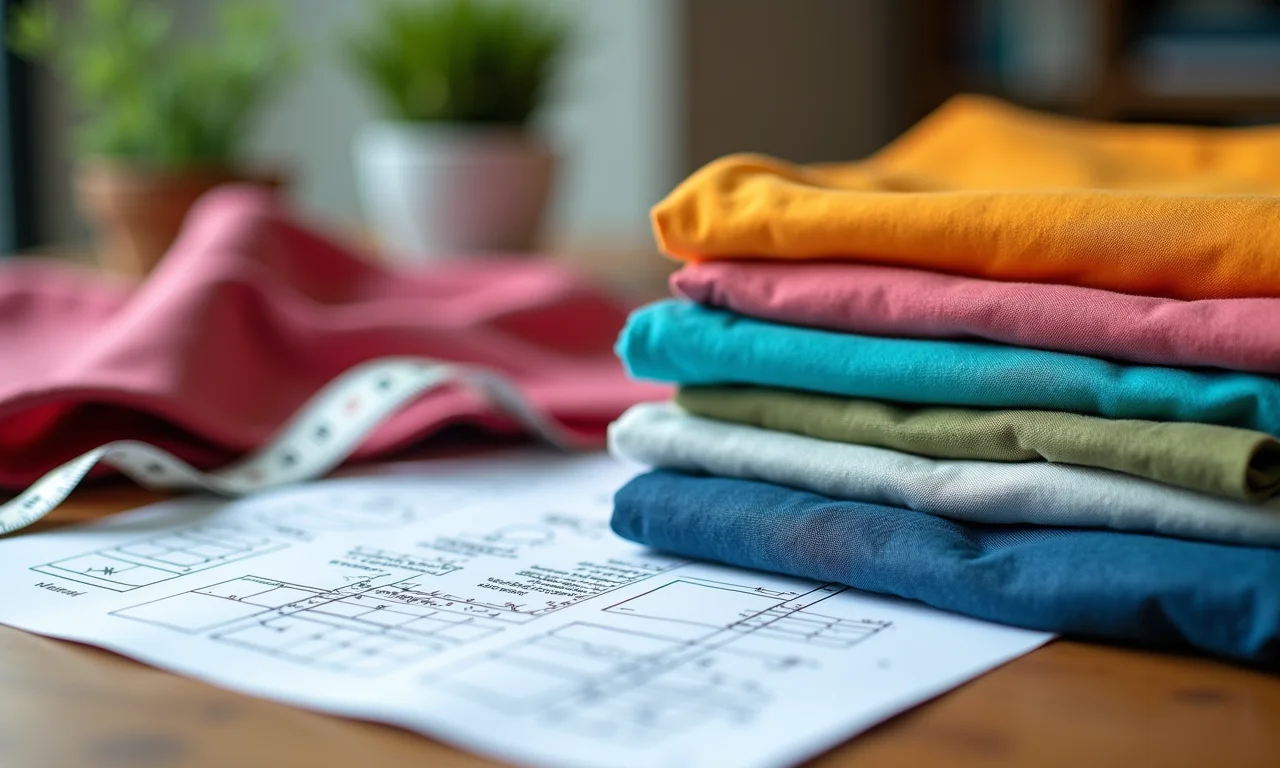 Amostras de tecidos coloridos e materiais de costura.