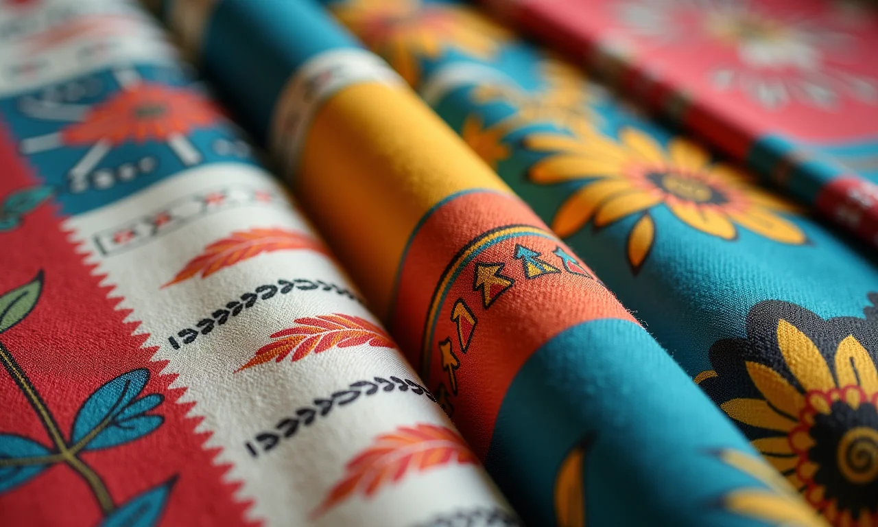 Amostras de tecidos coloridos para futon, com estampas brasileiras.