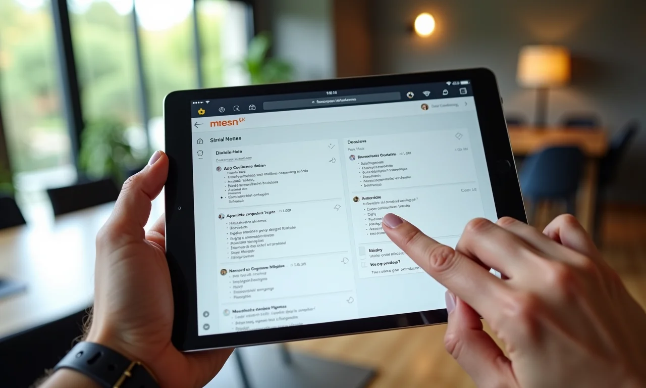 Anotações de reunião organizadas no Notion em um tablet.